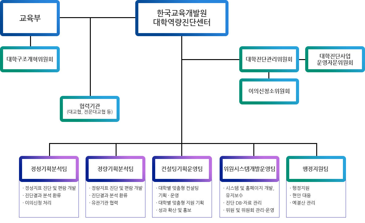 한국교육개발원 대학역량진단센터 조직도입니다. 아래 자세한 설명이 있습니다.
